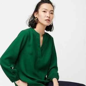 J. Crew V-Neck Top in 365 Crepe in Forest Green Popover Blouse L VG condition